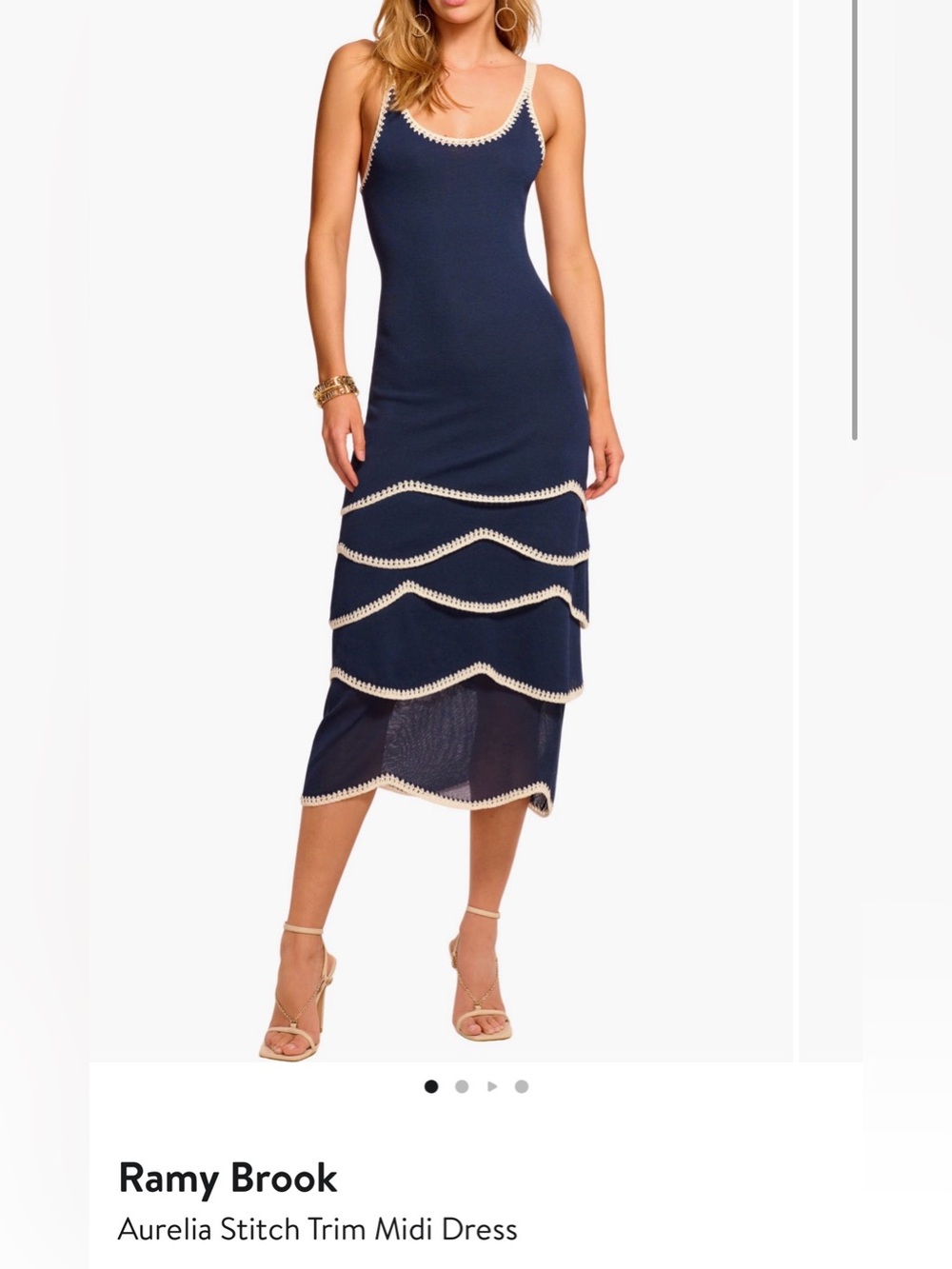 Ramy Brook Aurelia Stitch Trim Midi Dress Navy Wave Large $495